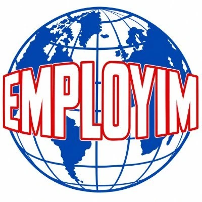 Employim red wordmark across a blue world globe
